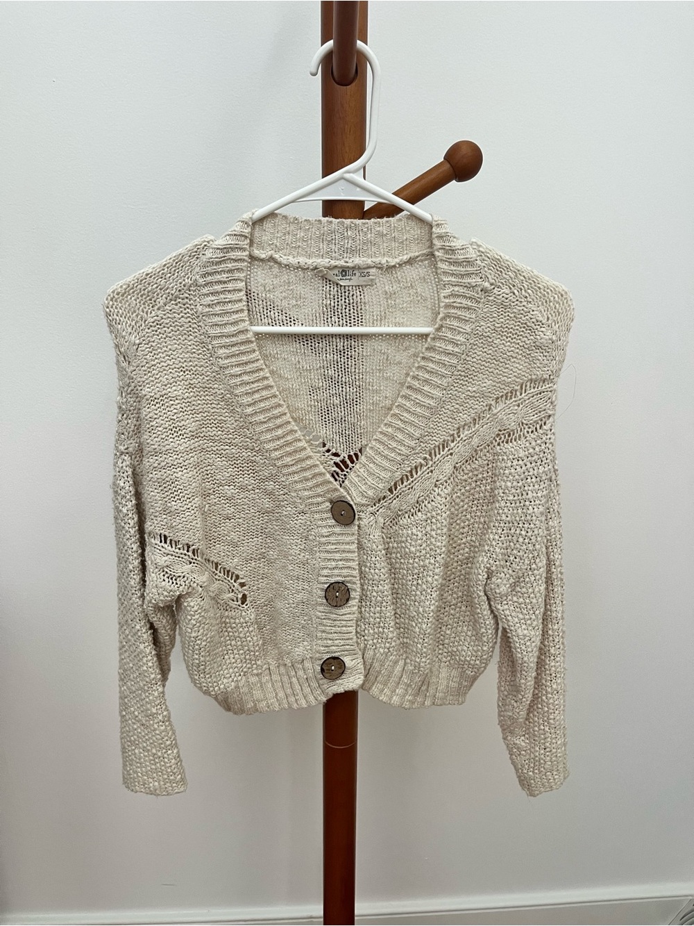 NATURAL LIFE Cream Open-Stitch V-Neck Button Cardigan